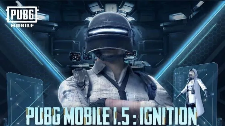 Персонаж PUBG в маске сварщика стоит в лаборатории перед надписью «PUBG Mobile 1.5: Ignition».