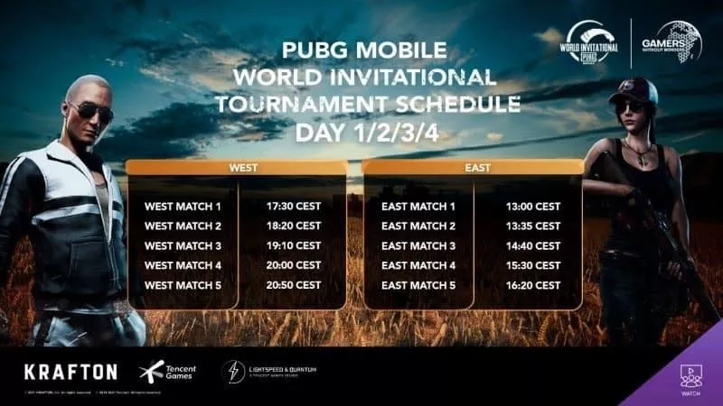 Два персонажа PUBG Mobile стоят на пшеничном поле, а между ними расписание PUBG Mobile World Invitational для Востока и Запада.