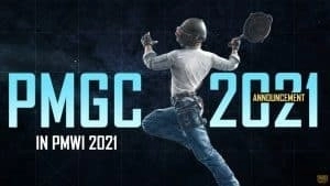 Персонаж PUBG со сковородкой прыгает по черному фону, за ним надпись «PMGC 2021 In PMWI 2021 Announcement» синими, белыми и золотыми буквами.