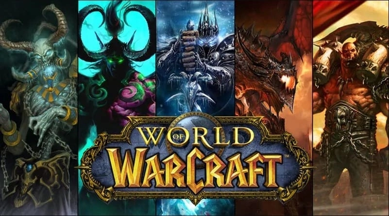 Появляется коллаж из пяти грозных персонажей-боссов из World of Warcraft с логотипом WoW перед всеми.