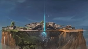 A potential teaser image for the new Valorant map, Canyon, showing a huge installation on the top of a mountain with a glowing blue area in it.