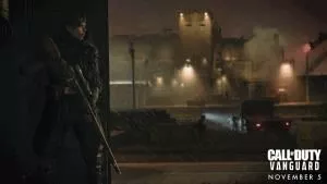 A female soldier hides in the shadows of a city with a sniper rifle with the Call of Duty Vanguard logo in the corner.