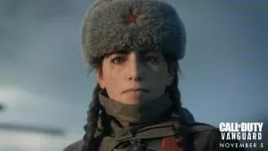 A female soldier in a Soviet cap is showing with the Call of Duty Vanguard logo in the corner.