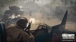 A fierce gunfight is shown with tanks and planes in the fray. The Call of Duty Vanguard logo appears in the corner.