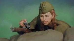 A blonde soviet officer points her sniper rifle over the top of a sandbag in a promotional image for Call of Duty: Vanguard