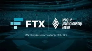 The FTX cryptocurrency logo and the LCS League of Legends Championship Series logo appear together in front of blue stadium background.