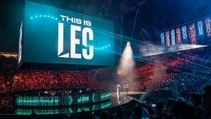 A stadium in Athens is packed with fans for the LEC Finals with a giant monitor displaying the words 