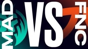 The MAD Lions logo appears in blue on the left side of the image and the Fnatic logo appears in orange on the right side with a big 