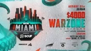 The Florida Mutineers' Miami Wreck Royale Warzone tournament logo of a city is shown next to tournament info, all surrounded by tentacles.