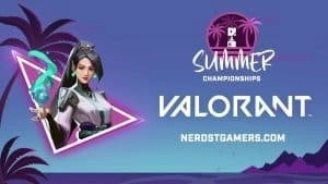 Агент Valorant Сейдж появляется в неоновом треугольнике рядом с логотипом Nerd Street Gaming Summer Championships и логотипом Valorant на фоне пляжа.