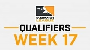 Логотип Overwatch League, белый силуэт Трейсер на сине-золотом фоне, появляется над словами «Отборочная неделя 17» жирными синими и золотыми буквами.