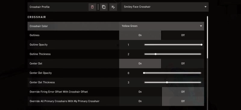 Скриншот экрана настроек прицела Valorant с параметрами, выбранными для прицела со смайликом.