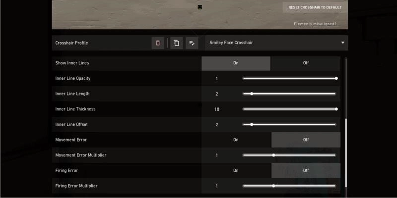 Скриншот экрана настроек прицела Valorant с параметрами, выбранными для прицела со смайликом.