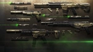 A variety of guns from the Valorant Recon Bundle are pictured, hung up on a wall mount.