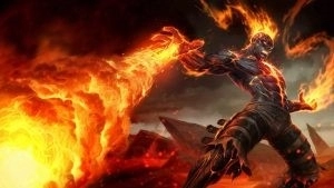 The splash art for League of Legends Wild Rift champion Brand, showing a humanoid made of fire shooting lines of fire from his hands.