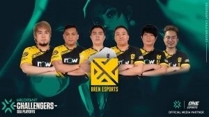 The Bren Esports Valorant roster appears lined up together with their arms crossed on a green and black background depicting a female character's face. The VCT and Bren logos appear on the bottom.