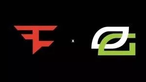 Красный логотип FaZe Clan и бело-зеленый логотип OpTic Gaming отображаются на черном фоне.