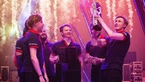 The Gambit Esports Valorant roster of Chronicle, d3ffo, Sheydos, nAts and Redgar celebrate their victory after winning VCT Berlin.