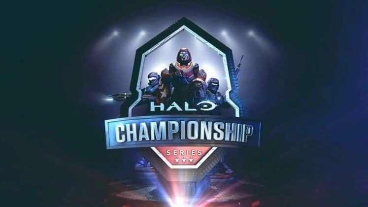 The Halo Championship Series logo appears with three Spartan soldiers in it with lights behind it.