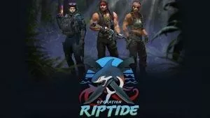 Три военных оперативника стоят в темных джунглях с логотипом CS:GO Operation Riptide в виде акулы с двумя ножами в крестике под ней.