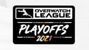 Логотип Overwatch League с героем Трейсер находится в рамке над словами «Плей-офф 2021» белого и радужного цветов.