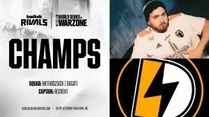 Логотипы World Series of Warzone и Twitch Rivals появляются над словами «Champs» и именами MethodzSick и Dagati, а справа — изображение одного из них и его логотип.