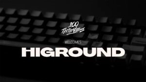 Логотип 100 Thieves появляется над названием «Higround» с изображением клавиатуры на заднем плане.