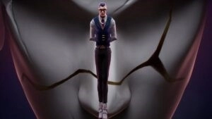 Valorant agent chamber walks with his hands behind his back, with a giant white mask filling the background behind him.