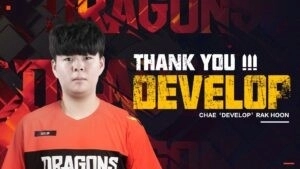 Overwatch League player Rak-hoon “Develop” Chae stands with the words 