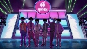 The Florida Mayhem Overwatch League players are drawn in pink suits with a team logo behind them.