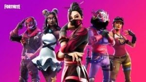 Five Fortnite characters in various cosmetic outfits pose together on a pink and purple background.