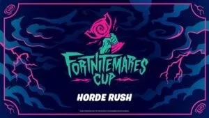 Логотип Fortnitemares Cup, изображающий больную руку, схватившую трофей, появляется среди темных грозовых туч и розовых молний.