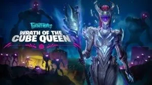 Промо-арт обновления Fortnitemares Wrath of the Cube Queen, на котором Королева кубов и ее подчиненные светятся фиолетовыми глазами.