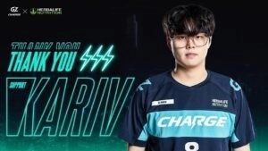 Overwatch League player Youngseo “KariV” Park stands next to the words 