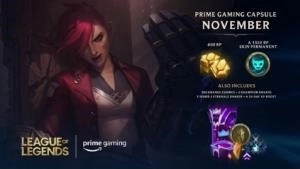 LoL champion Vi poses with her giant gauntlet next to information about and rewards from Prime Gaming LoL drops on Twitch.