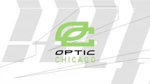 Зеленый логотип OpTic Chicago OC появляется на белом фоне с серыми полосами, спускающимися по нему.