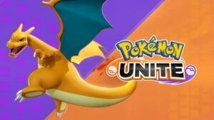 A Charizard swings its tail on a purple and orange background next to the Pokemon Unite logo.