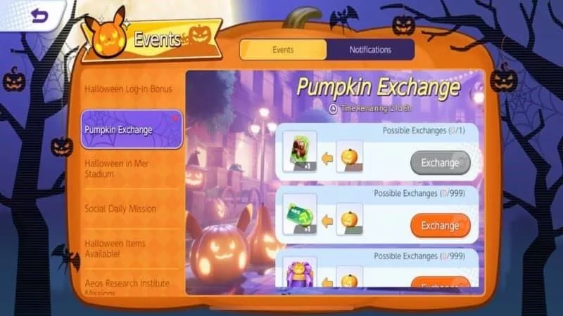 Скриншот меню Pokemon Unite Pumpkin Exchange из события Хэллоуина.