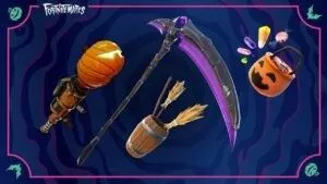 Разнообразные предметы Fortnite на тему Хэллоуина от Fortnitemares, в том числе Sideways Scythe, ведьмины метлы и предметы из тыквы появляются на темном вихревом фоне.