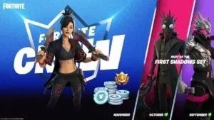 Персонаж Fortnite Сьерра позирует с двумя большими лезвиями рядом с кучей V-баксов перед серебряной короной Логотип команды Fortnite с двумя другими скинами First Shadow в стороне.