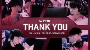 Pictures of Overwatch League players iDK, M1ka, Coldest and SeoMinSoo appear at each corner of the image with the Hangzhou Spark logo and the words 