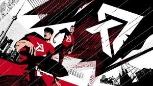 Two caricatured Toronto Defiant Overwatch players appear under a Toronto Defiant logo.