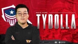 Coach Sueng-min “Tydolla” Jung appears next to his name in silver with a Washington Justice logo behind him on a red background showing Overwatch hero Ash and the US Capitol building.