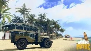 A jeep is parked on a tropical beach with palm trees and surfboards about. The Call of Duty Warzone Pacific logo appears in the bottom corner.