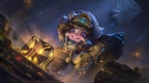 An eager explorer Yordle from LoL Wild Rift smiles at the sight of a glowing box in a dungeon room.