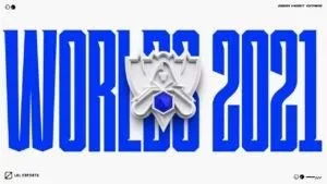 Логотип LoL Esports/Worlds 2021 отображается перед и в середине слов «Worlds 2021» крупным синим текстом.