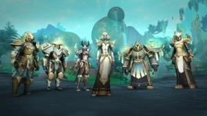 A group of World of Warcraft characters in the 9.2 armor tier sets.