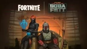 Star Wars character Boba Fett sits on a large chair with a masked Fortnite character sitting on the arm with a fireplace in the background. The Fortnite and Book of Boba Fett logos appear above them.