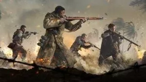 A group of soldiers from Call of Duty Vanguard fights on a devastated battlefield.