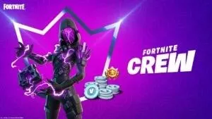 The Cube Assassin cosmetic from Fortnite appears with a pile of Vbucks, a silver crown and the words 